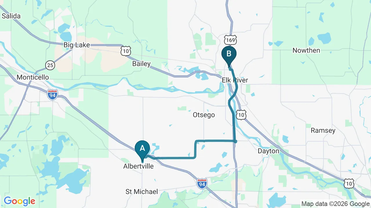Driving directions map from Albertville, MN to Schomaker Chiropractic Clinic in Elk River