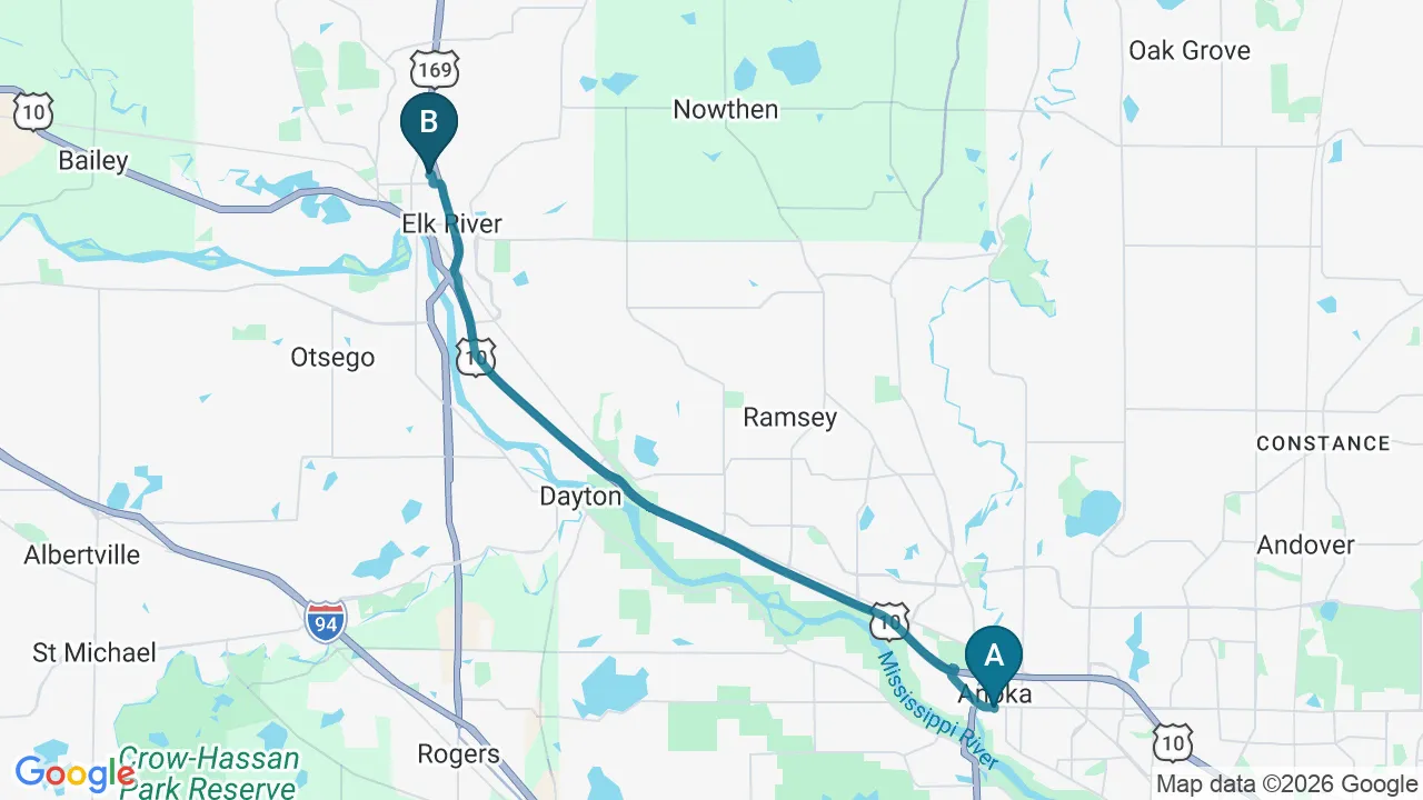 Driving directions map from Anoka, MN to Schomaker Chiropractic Clinic in Elk River