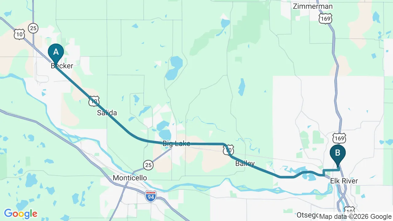 Driving directions map from Becker, MN to Schomaker Chiropractic Clinic in Elk River