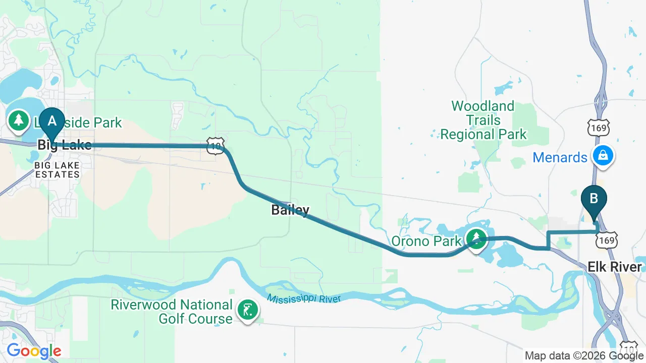 Driving directions map from Big Lake, MN to Schomaker Chiropractic Clinic in Elk River