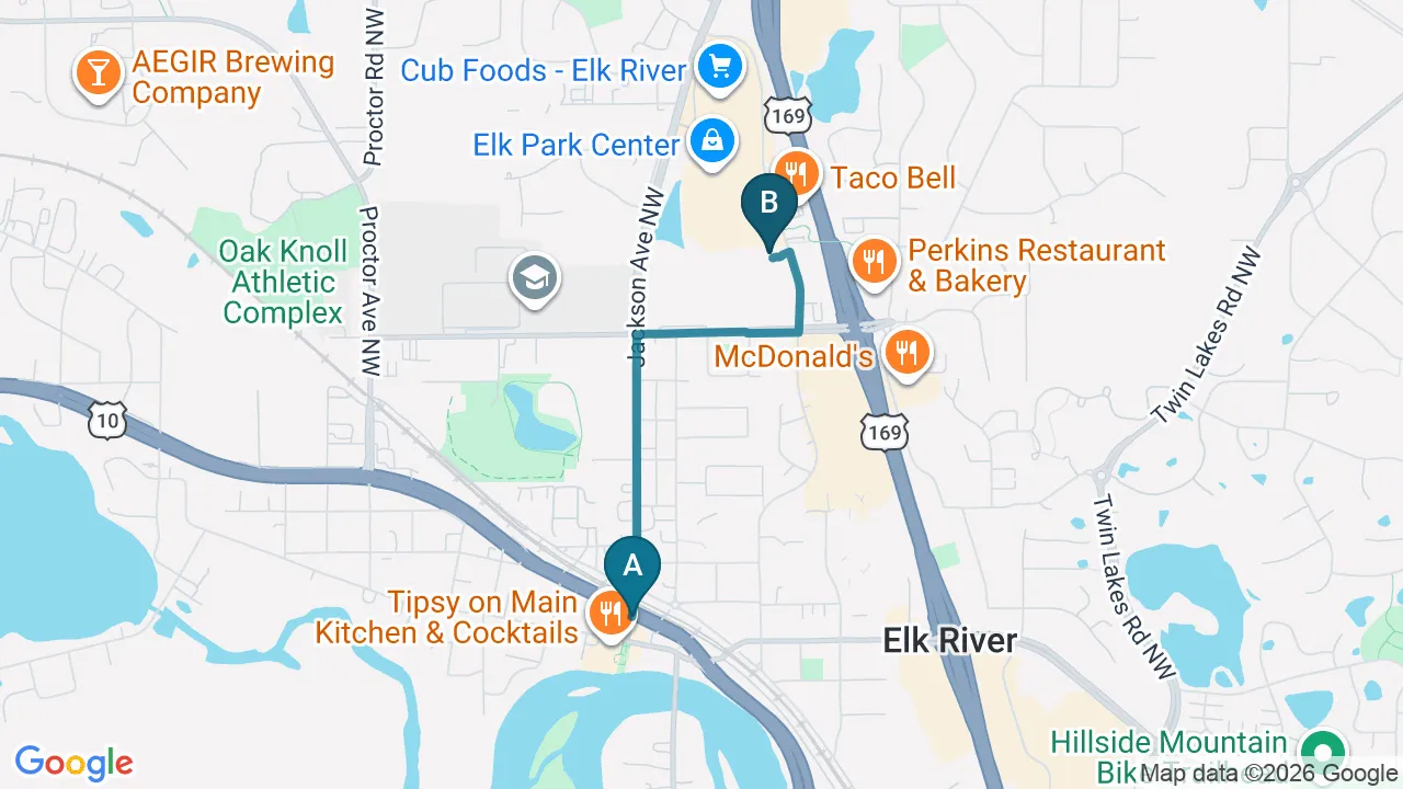 Driving directions map from Elk River, MN to Schomaker Chiropractic Clinic in Elk River