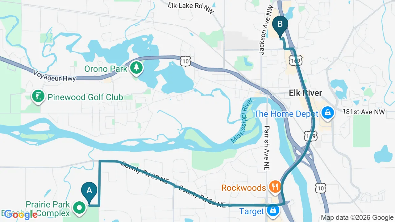 Driving directions map from Otsego, MN to Schomaker Chiropractic Clinic in Elk River