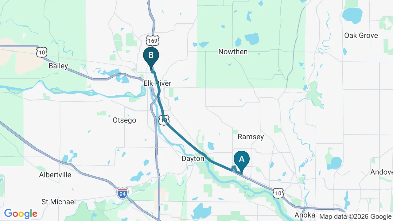 Driving directions map from Ramsey, MN to Schomaker Chiropractic Clinic in Elk River