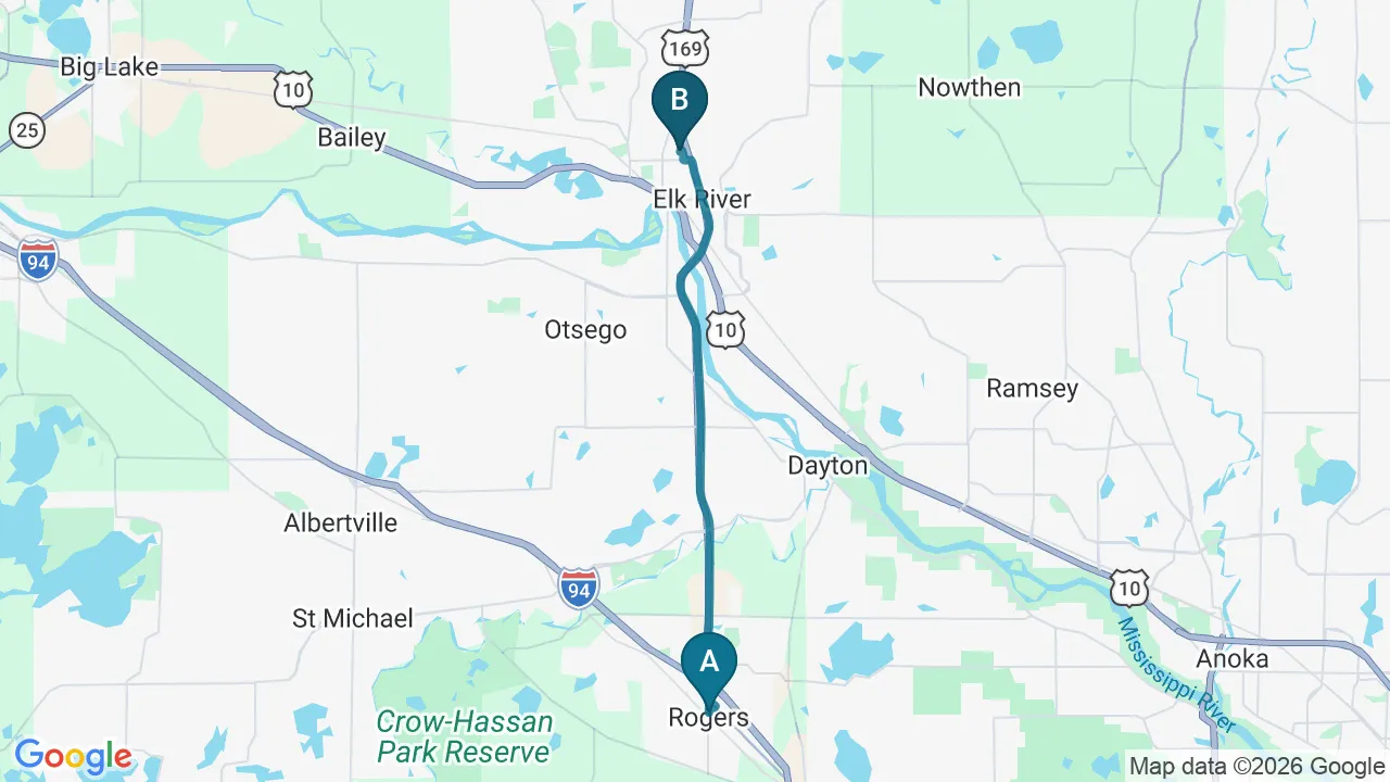 Driving directions map from Rogers, MN to Schomaker Chiropractic Clinic in Elk River