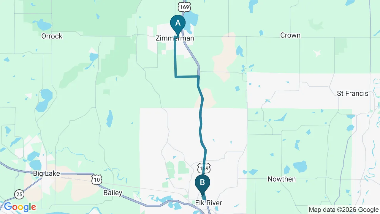 Driving directions map from Zimmerman, MN to Schomaker Chiropractic Clinic in Elk River